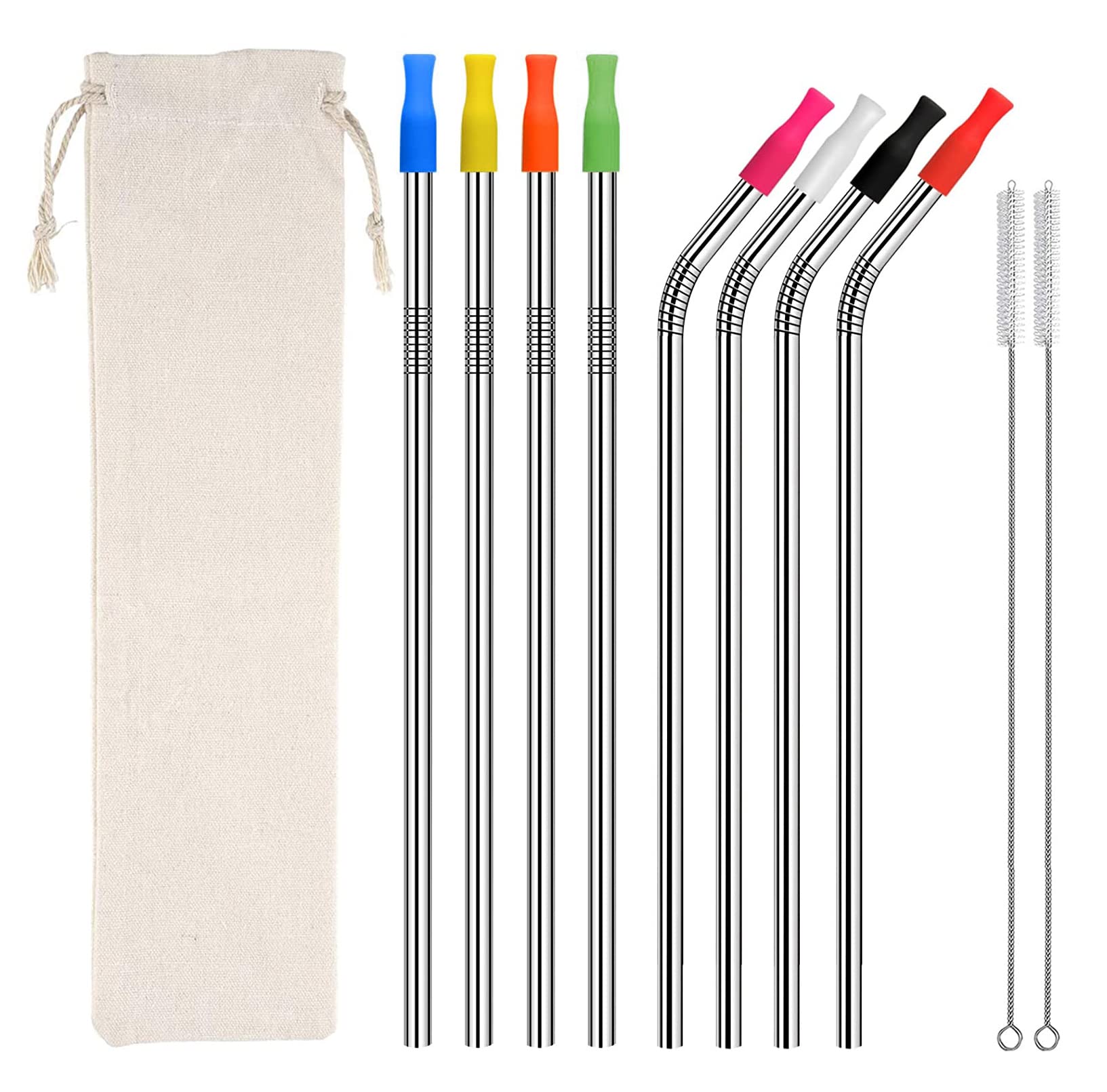 MVS Wholesale 19 Piece Set, 8 Reusable Eco Friendly Silver Metal Stainless Steel Drinking Straws, 2 Cleaning Brushes, 1 Storage Bag, 8 Silicon Tips 4 Straight, 4 Bent, Smoothie, Hot Drinks (SSS0101S)