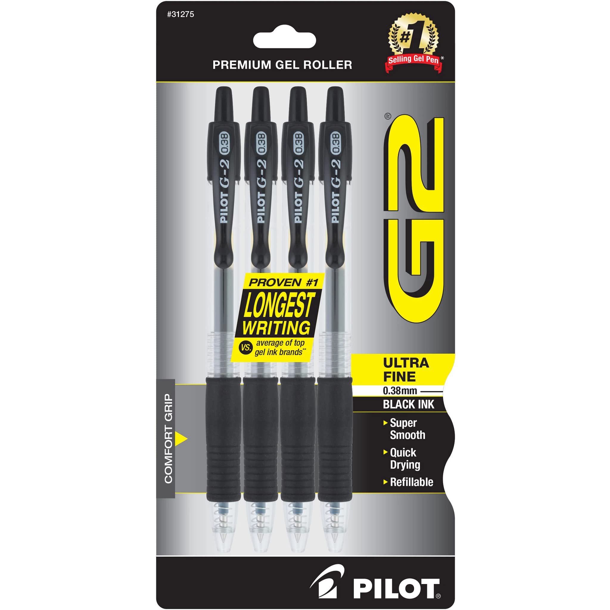 Photo 1 of Pilot, G2 Premium Gel Roller Pens, Ultra Fine Point 0.38 mm, Pack of 4, Black