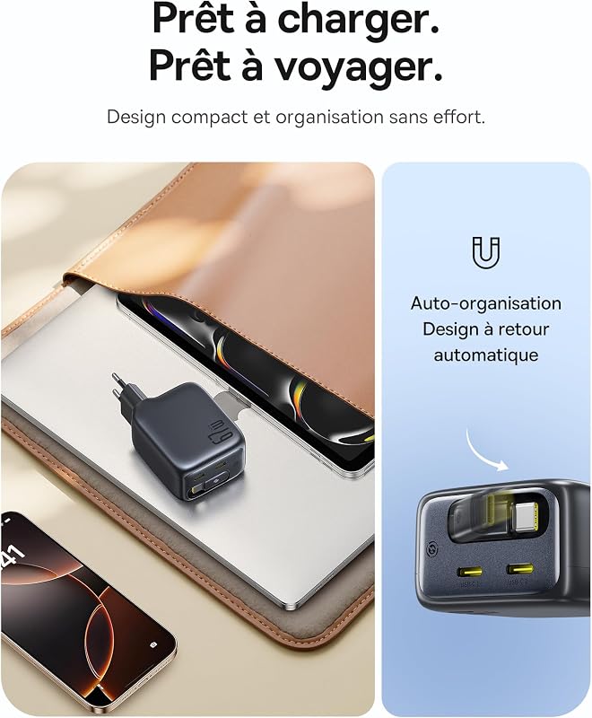 Enercore Chargeur USB C 67W avec Câble Rétractable, Chargeur GaN Compact avec 2 Ports USB-C, Compatible iPhone 17/16/15/14, Galaxy S25/24/23/22, MacBook Pro/Air, Dell, HP, iPad