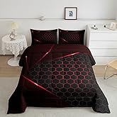 Honeycomb Geometric Hexagon Kids Comforter Set Twin Size,Glitter Neon Lines Bedding Set,Girls Boys Adults Bedroom Decor,Abstract Stylish Down Comforter,Red Black Classic Duvet Insert,1 Pillowcase