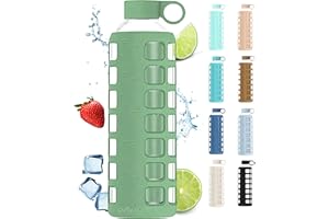 purifyou Premium 40/32 / 22/12 oz Glass Water Bottles with Volume & Times to Drink, Silicone Sleeve & Stainless Steel Lid Insert, Reusable Bottle for Fridge Water, Milk, Juice (32oz Shale Green)