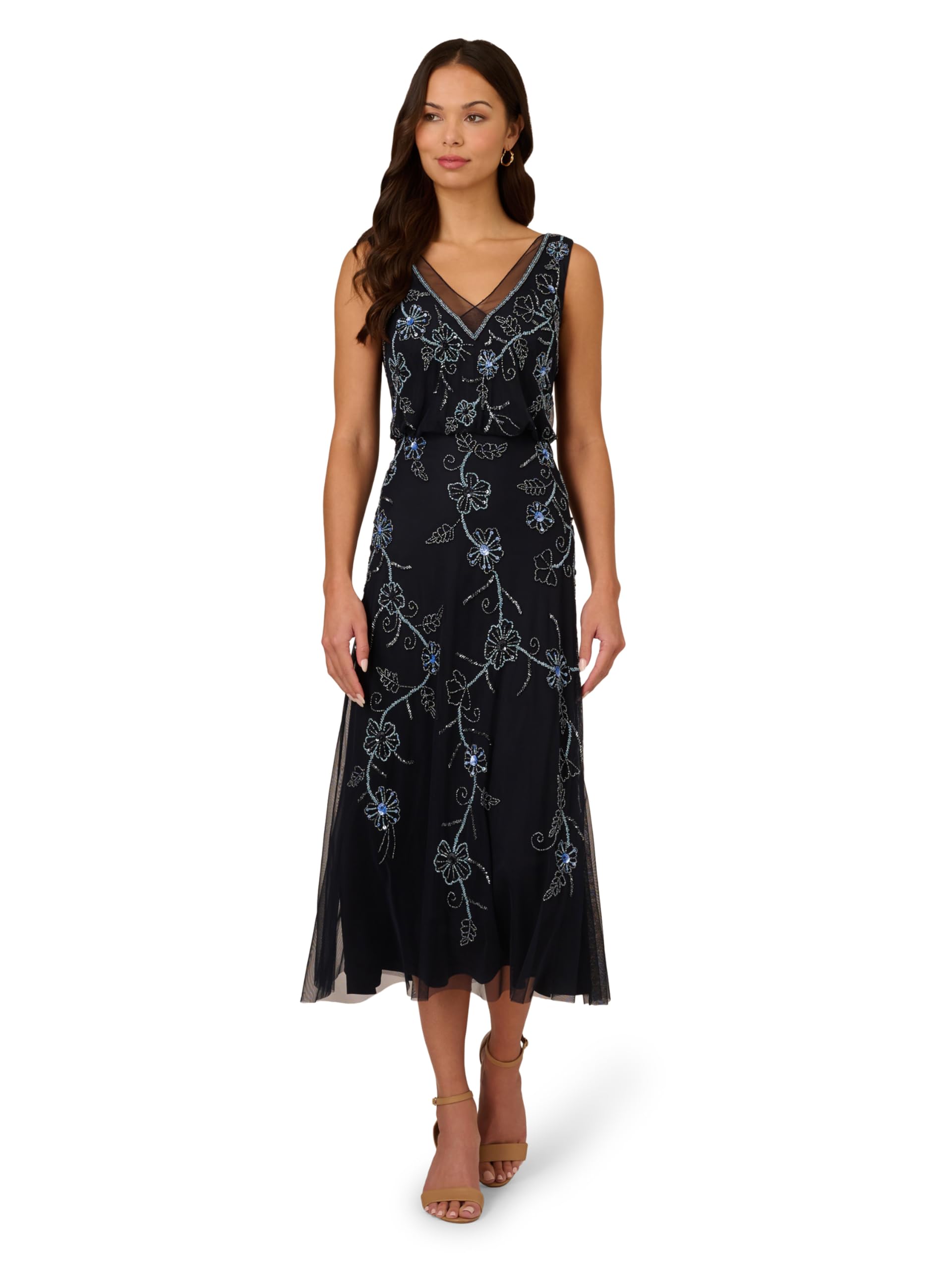 Adrianna Papell Women’s Beaded Midi Dress, Midnight Multi, 10