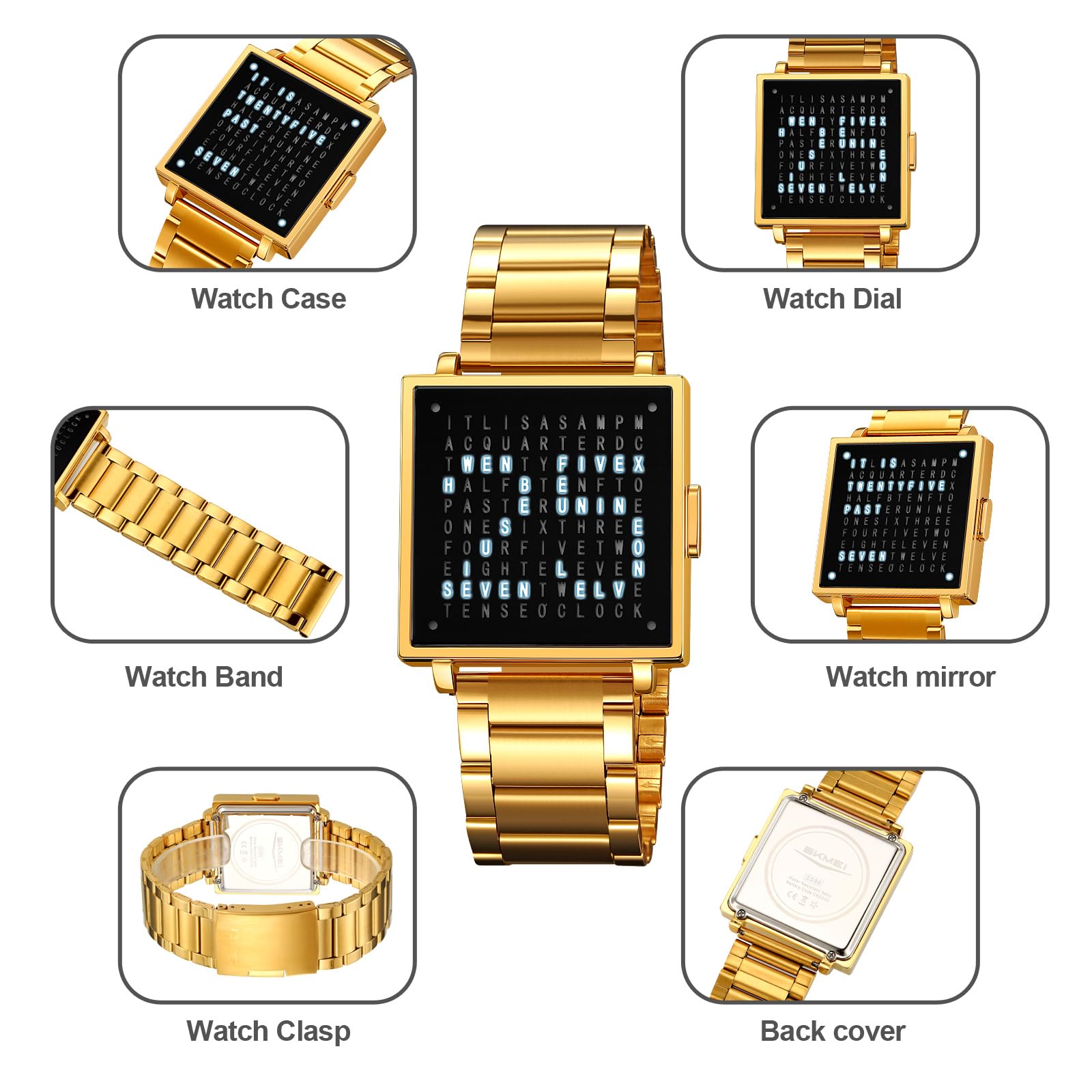 Gosasa Men’s Square Word-Matrix LED Watch Read Time in Words 30 m Waterproof Big Face Multifunctional Date Wristwatch Vintage Luxury Business Dress Timepiece Stainless Steel or Gold/Silver Toned