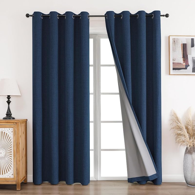 CUCRAF 100% Blackout Curtains 46x90 Inch Two Panels Blue Linen Look