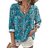 domirica Boho V Neck Flowy Shirts for Women Breathable Blouses for Women Oversized Button Shirts Trendy Vacation Wear