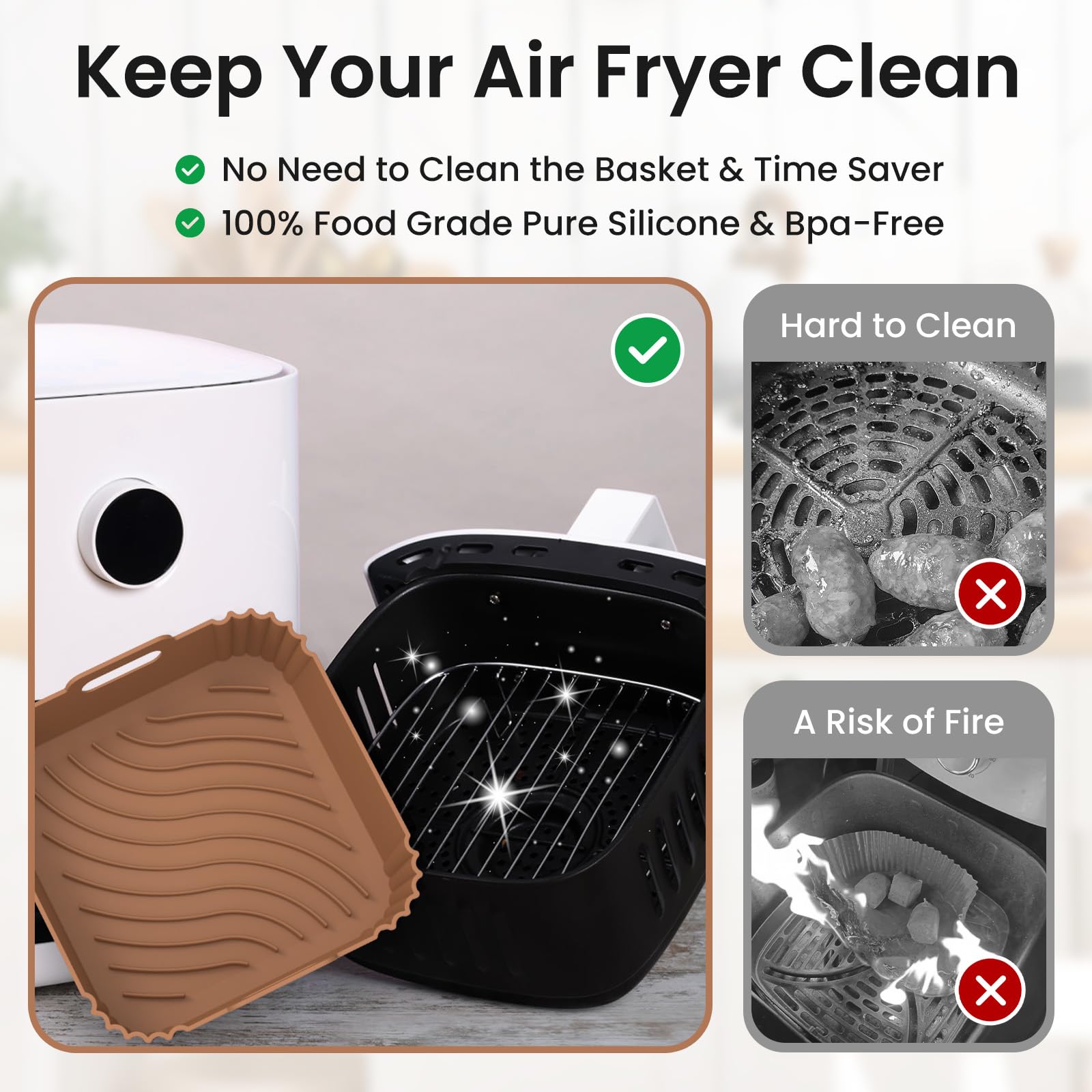 Redfly 2 Pack Silicone Air Fryer Liners, Square Reusable Non-Stick Basket Inserts for 4-5 QT Air Fryers, Dishwasher Safe Parchment Paper Replacement Accessories Brown & Gray