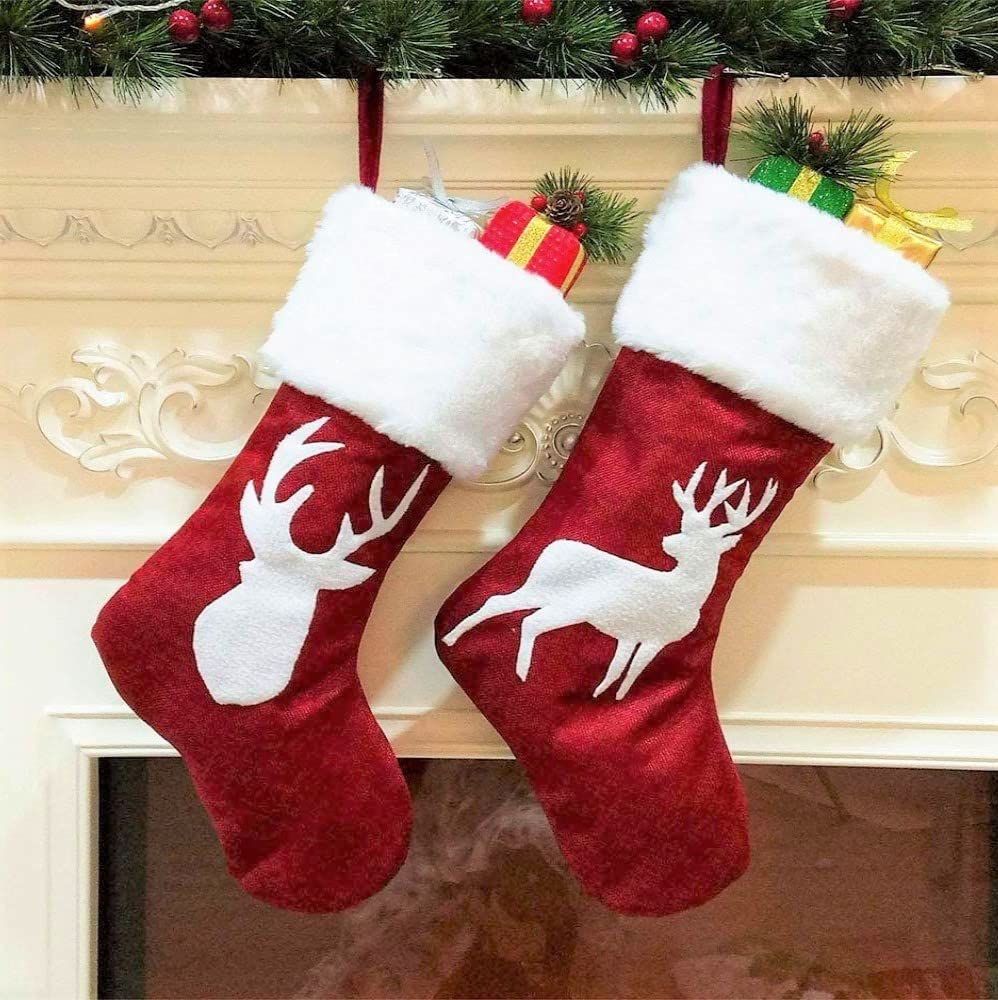 LATERN 2Pcs Christmas Stocking, 2 Styles Large Size Xmas Stockings Gift Hanging Stockings Bulk Reindeer Stocking with Plush Faux Fur Cuff for Christmas Tree Family Holiday Party Ornament (45 x 20CM)