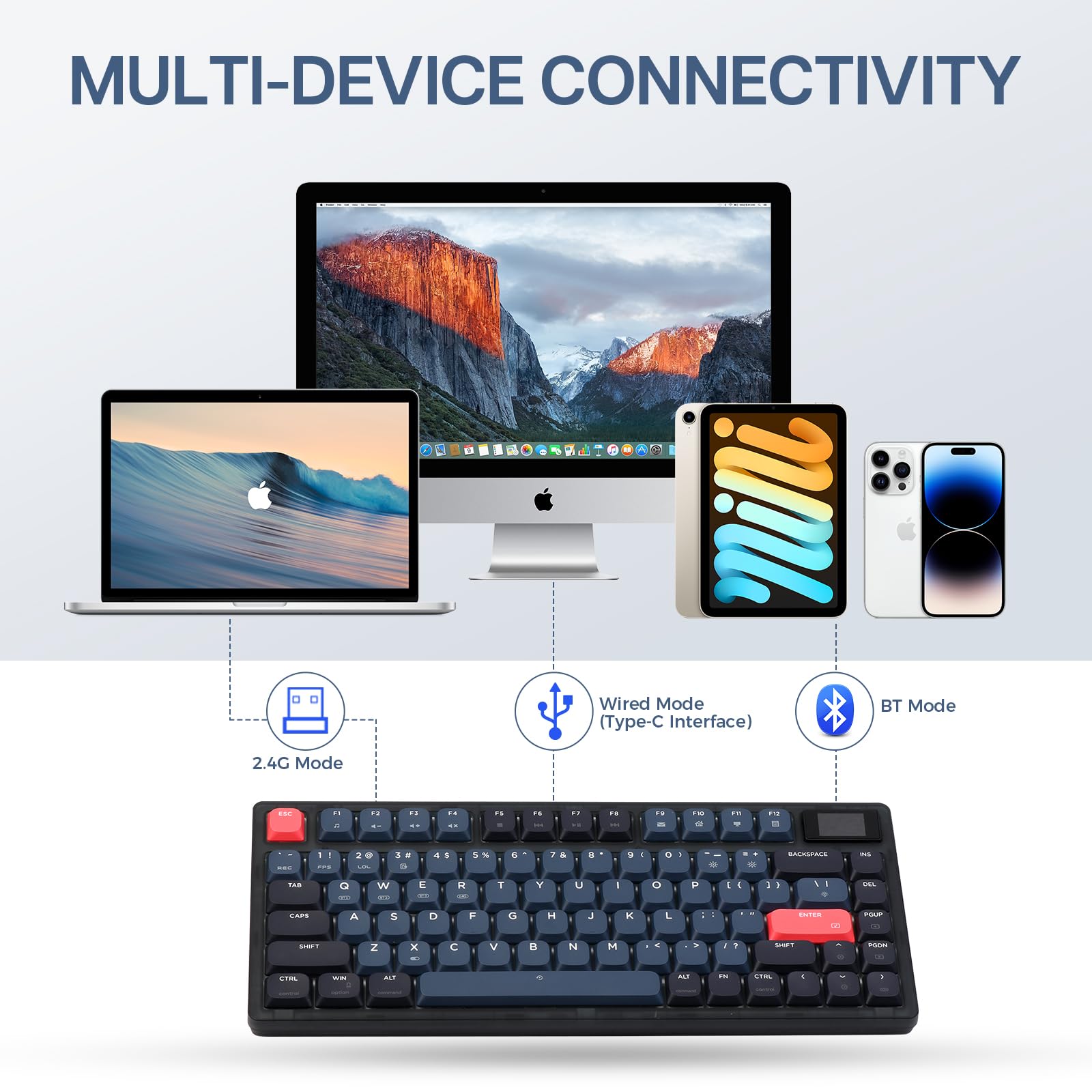 Ajazz AK832 Pro 75% Gasket-Mounted Bluetooth 5.1/2.4G Wireless & Type-C Wired Low-Profile Keyboard, LED Screen, 1.6M RGB with Outemu Switch for Mac/Win (Brown Switch)