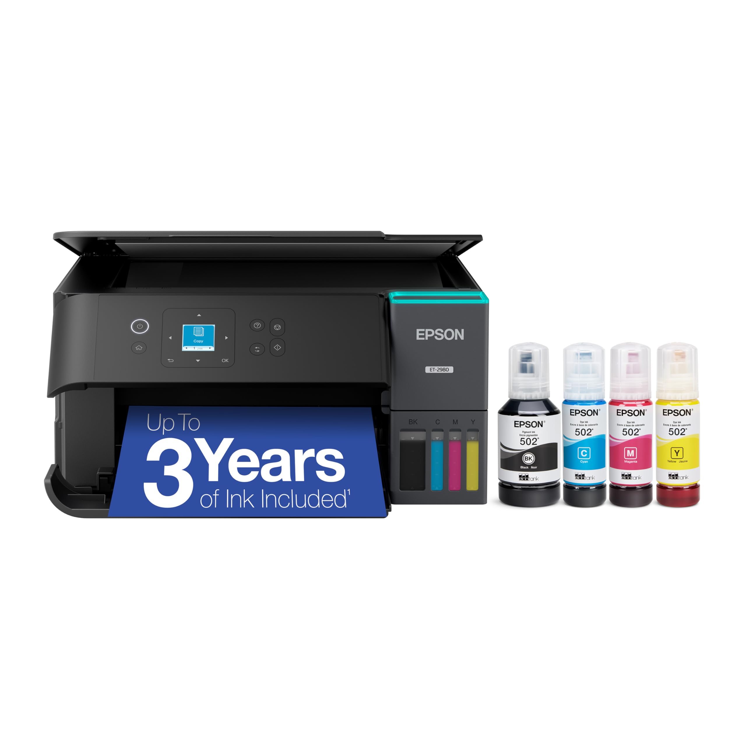 Epson EcoTank ET-2980 Wireless All-in-One Color Supertank Printer with Refillable Ink Tanks, 3 Years of Ink, Mobile Printing, 15 ISO PPM, Color Touchscreen, Auto 2-Sided, Black