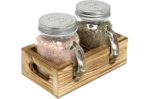 CB ACCESSORIES Mason Jar Salt and Pepper Shakers - Glass Shaker Set with Wood Holder Caddy, Easy to Clean & Refill for Farmhouse Kitchen Table, Home and Gifts