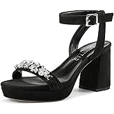 HEUIVZAR Womens Platform Chunky Block Heels Open Toe Ankle Strap Rhinestone Crystal Wedding Sandals Slingback Dress Shoes 3.2 Inches Heels