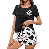WDIRARA Women's Sleepwear Cartoon Cow Print Short Sleeve Tee and Knot Shorts Pajama Set