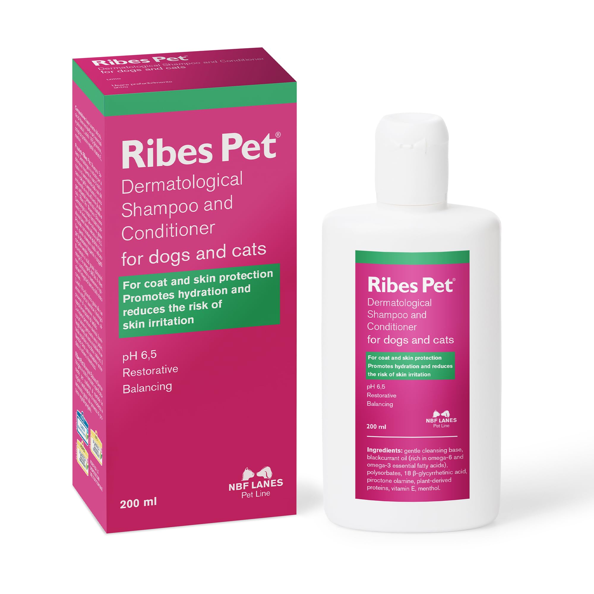 NBF Lanes | Ribes Pet Dermatological Shampoo & Conditioner for Dogs and Cats, 200 ml – Protects Coat and Skin, pH 6.5, Restorative and Balancing