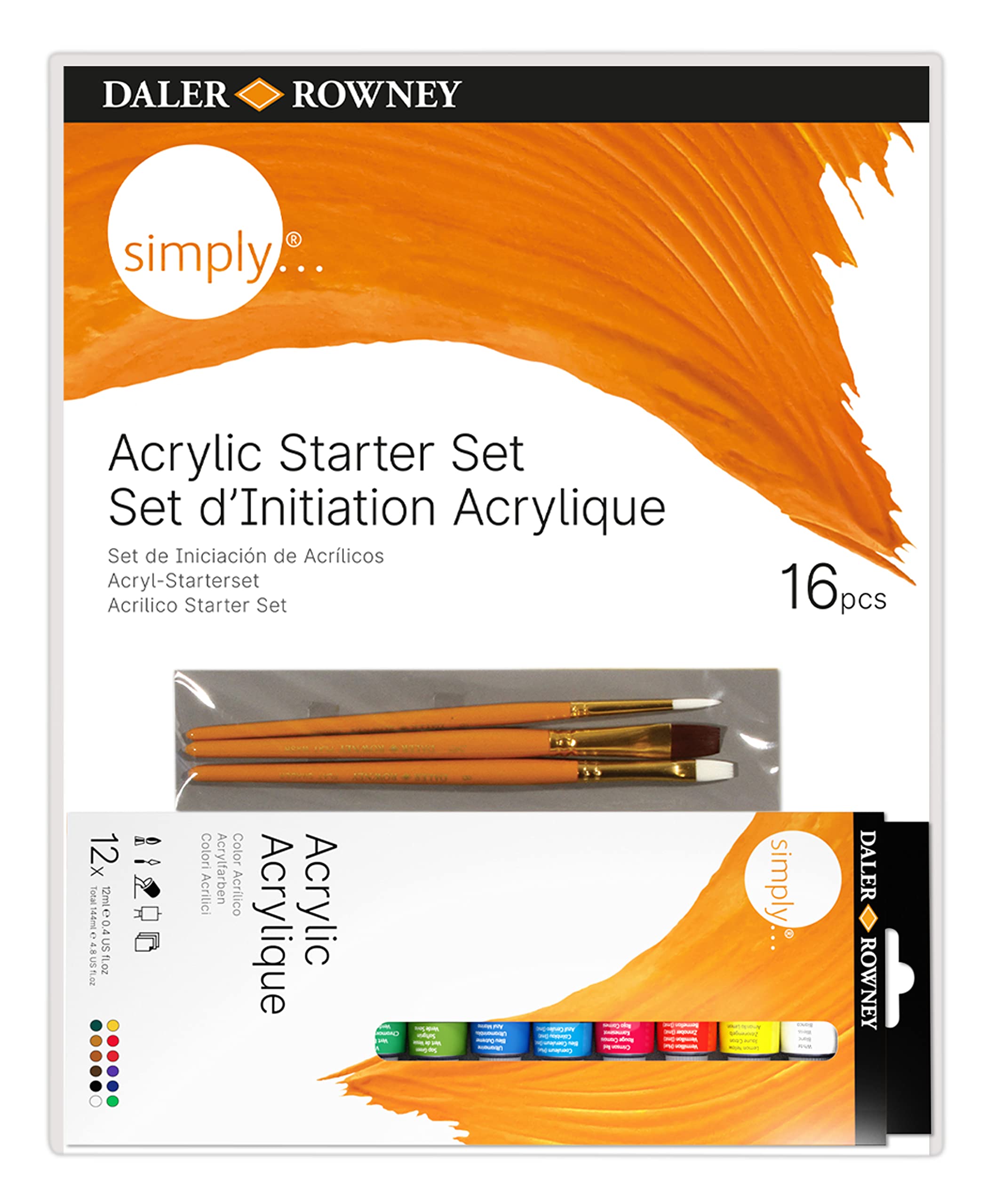 Daler-Rowney Simply 12ml Acrylic Paint Set, 16 Piece Starter Set, Assorted Colours, For Entry-Level Artists & Hobbyists