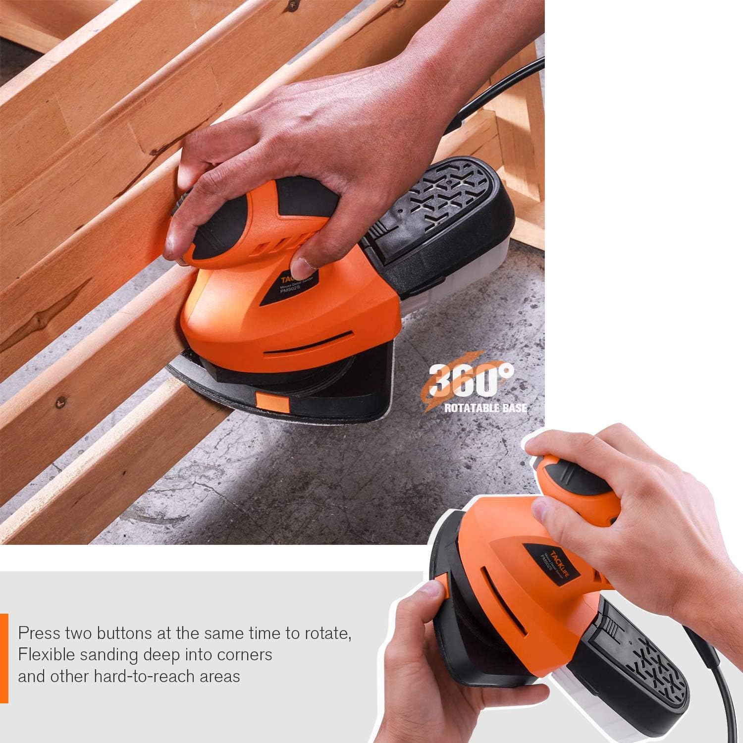 TACKLIFE Detail Sander 1.67A, Advanced 360° Rotatable Sanding Pad, Electric Sander with Sturdy Dust Collection Container, 200W 12000RPM Mouse Detail Sander, 3 Meter Cord, DIY | PMS02B - - 