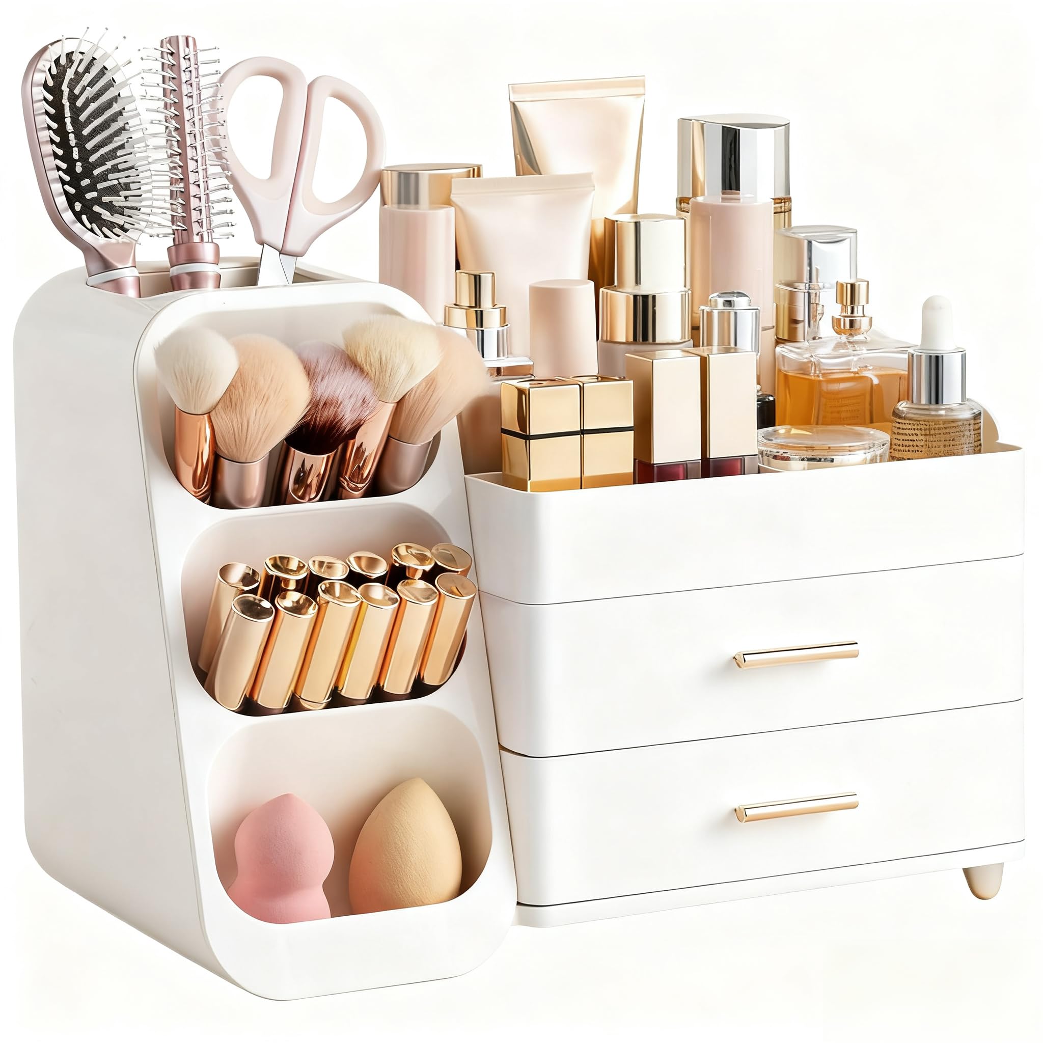 Photo 1 of HBlife Makeup Organizer with Brush Holder for Vanity, Large Plastic Bathroom Countertop Organizer Skin Care Storage, Easy to Store Lipsticks, Nail Polishes, Perfumes, Eyeshadow Palettes, All White