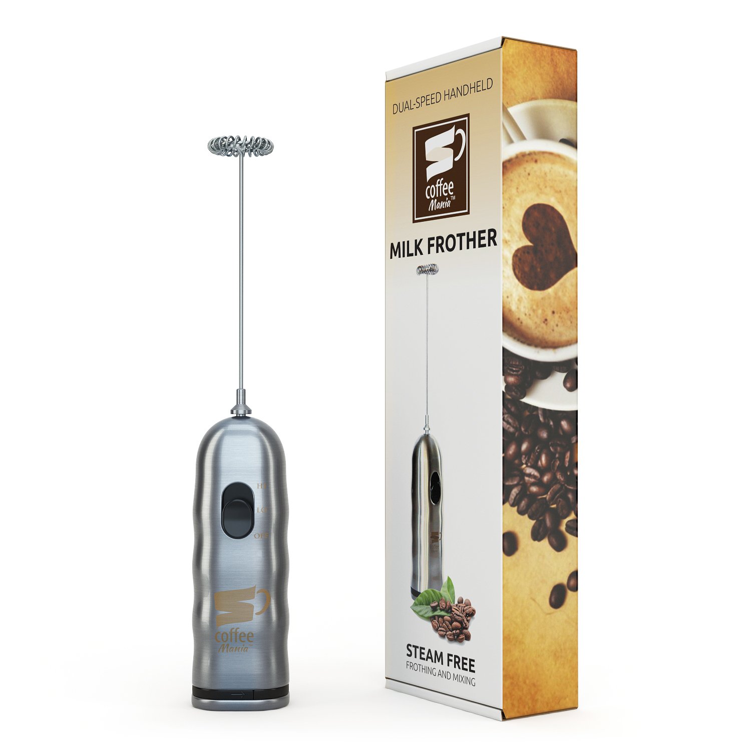 Inskin CoffeeMania Handheld Milk Frother, Stainless Steel Dual Speed Steamless Whisk for Latte, Cappuccino, Matcha, Hot Chocolate and more
