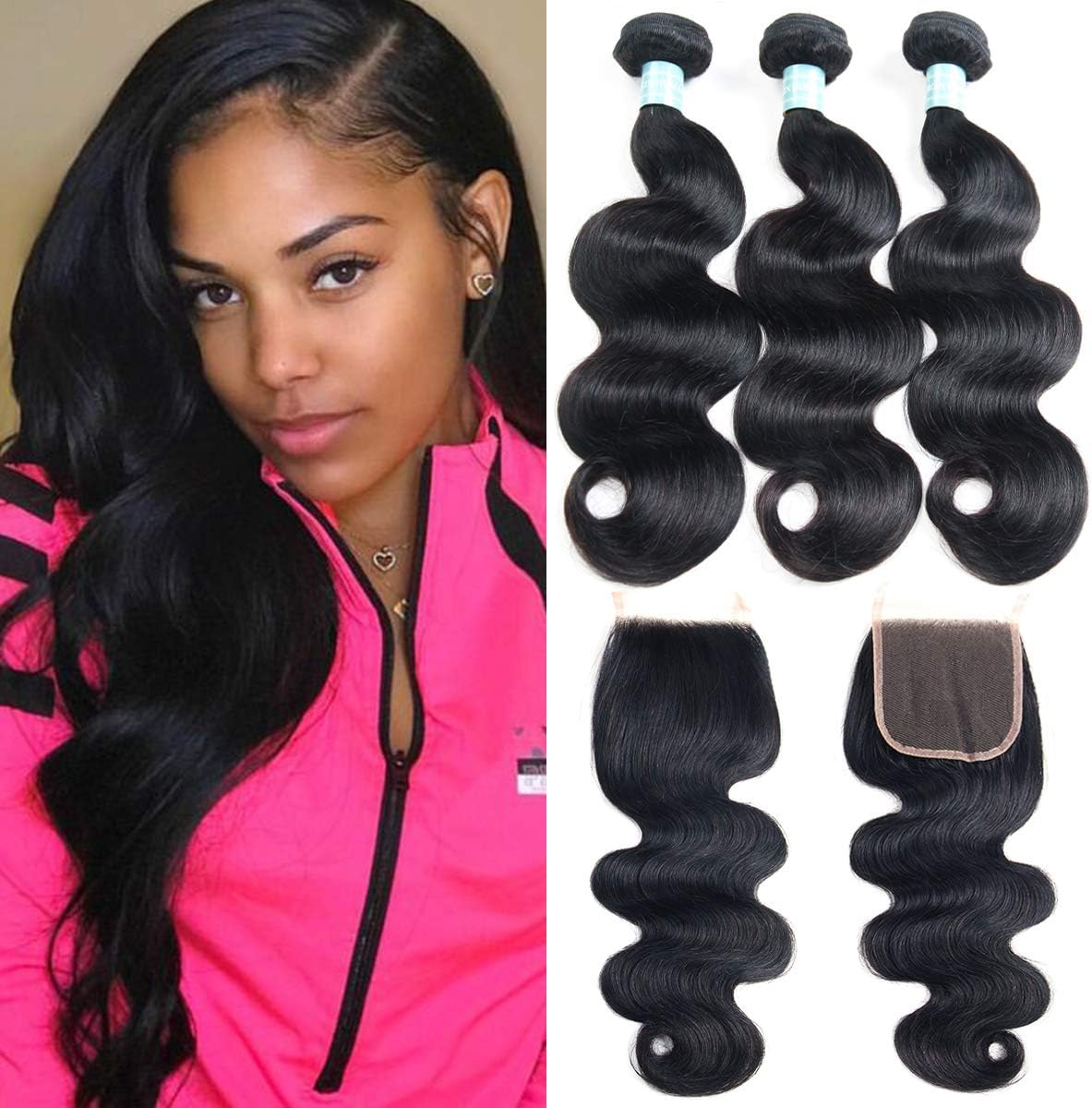 Siji Mei Brazilian Body Wave With Closure 100% Unprocessed Virgin Human Hair 3 Bundles With Closure Natural Black Color Weave And 4x4 Inch Lace Closure (12 14 16 with 10, Free Part)