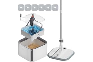 INWEJIA Upgraded Self-Standing Spin Mop and Bucket System, Detachable Inner Mop Bucket That Separates Dirty Water & 90° Foldable Head, Triple-Scrubbing System, for Hardwood Floors - White with 6 Pads