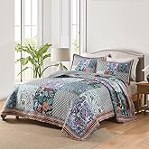 VISIMISI Cotton Bedspread Quilt Bedding Sets Reversible Coverlet Sets 3 Pieces Vintage Floral Blue Teal Patchwork Bedspread, Queen Size | Breathable material, Reversible coverlets, Cotton bedspread, Handmade patchwork, Jacquard stitching, Machine washable