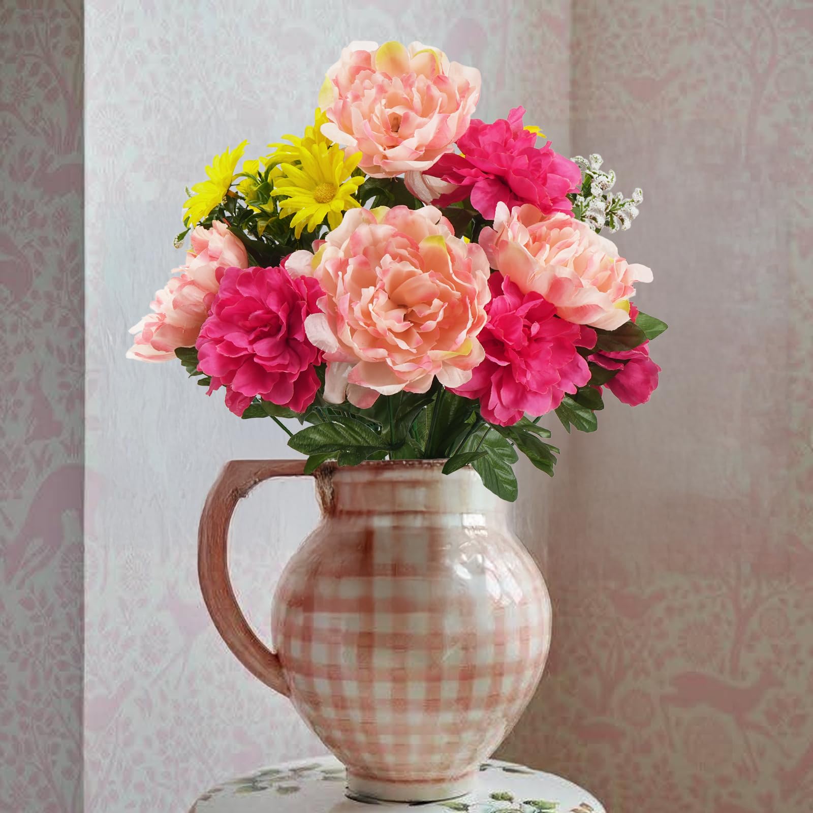 Photo 1 of 18'' Artificial Flowers Silk Peony Peonies Hibiscus Artificial Flowers Pink Silk Flower Bush Arrangements Large Bush for Outdoor Gravesites Hawaiian Wedding Fall Grave Porch Coral Decor