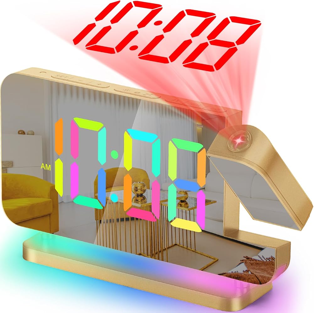 SZELAM Projection Alarm Clock 7.4 inch Mirror Display RGB Night Light USB C