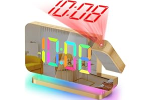 SZELAM Projection Alarm Clock,7.4" LED Mirror Digital Clocks Large Display,with 180° Rotatable Projector,RGB Night Light,USB C Port,Auto Dimmer, Loud Desk Clock for Heavy Sleeper Bedroom - Gold