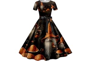 BAGELISE Women's Halloween Dress Short Sleeves Printed Vintage Style A-Line Party Dresses