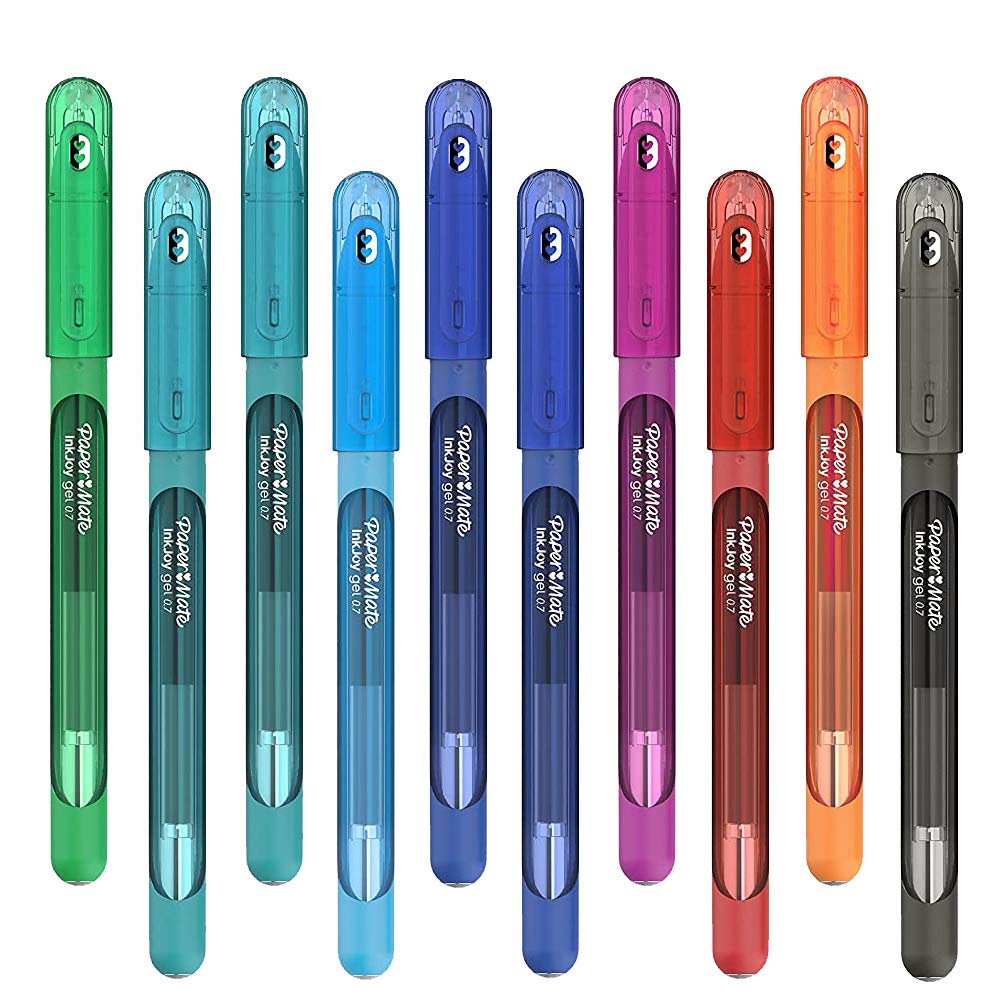 Newell Brands InkJoy Capped Gel Ink Pens, 0.7mm Medium Nib, 10 Pack, Multicolor, Water Resistant, Ergonomic Grip, Ambidextrous, Roller Ball Pen