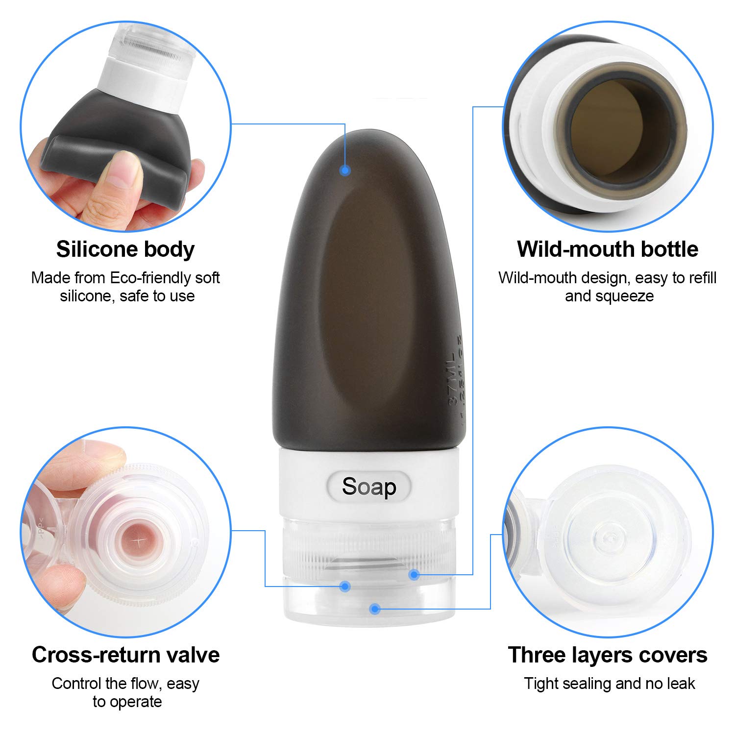 Travel Bottles Set Leakproof Silicone Refillable Squeezable Travel Containers with Labels and Clear Travel Bag for Shampoo, Conditioner, Lotion, Toiletries (#5 1.25oz4)