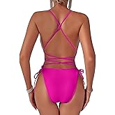 Lilosy Sexy Criss Cross Lace Up Plunge One Piece Swimsuit String Tie Side Cheeky Bathing Suit