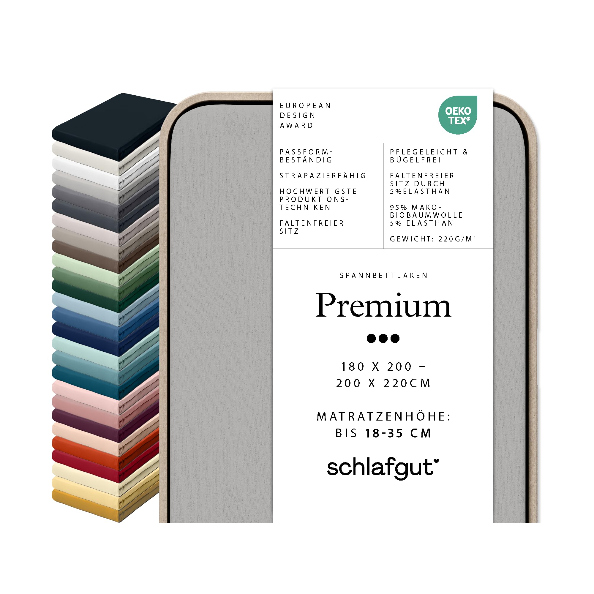 schlafgut Premium heavier fitted sheet from 180x200cm to 200x220cm, 95% soft organic cotton and 5% elastane with 220g/m2 density for a wrinkle-free fit, Grey Light