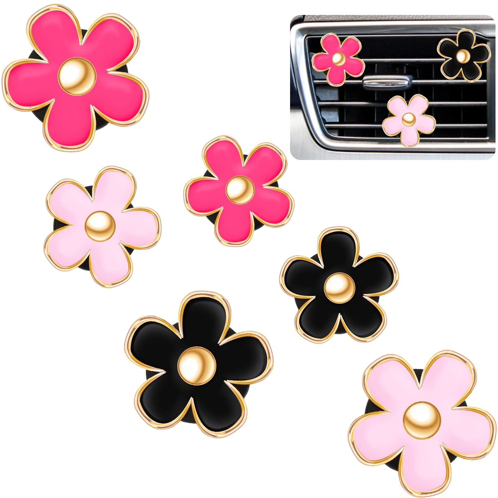 Photo 1 of Frienda 6 Pcs Daisy Flower Air Vent Clip Accessories Air Conditioning Outlet Clip Car Air Freshener Dashboard Accessories Charm Car Inter Decor(3 cm, 3.3 cm,Red, Pink, Black)