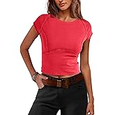 Aimiray Women's Y2k Basic Tees Short Sleeve Fitted Baby Tees Slimming White Cute Crop Tops Summer Tight Shirts