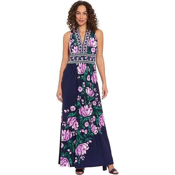 Amazon.com: London Times Women's Dresses Halter Neckline Signature Morris  Maxi Dress Vacation Occasion Event Guest of, Linear Floral - Navy/Soft  White, 14 : Clothing, Shoes & Jewelry