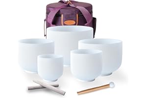 TOPFUND 7-12 inch 440Hz Chakra Set of 5 Sharp Crystal Singing Bowls with Heavy Duty Carrying Case and Singing Bowl Mallets