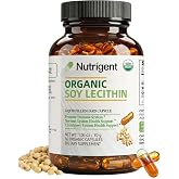 Nutrigent USDA Organic Soy Lecithin Capsules for Brain &amp; Liver Support | with Naturally-Occuring Phospholipid, Non-GMO, Gluten Free, Easy-to-Swallow, 60 Ct, Made in USA