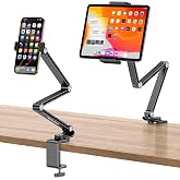 OMOTON GH03 Tablet Holder with 2 ABS Clamps, Aluminum Long Arm Mount, Black | C-Clamp Base with 360&deg;Rotation Fits Desk, Bed, Side Cabinet, Kitchen, Adjustable Tablet Stand for 4-13" iPad Pro/iPhone