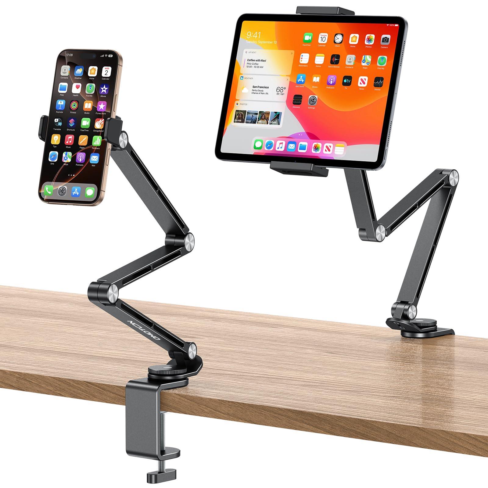 Photo 1 of OMOTON Adjustable Tablet Stand for iPad, Desk Phone Holder for Bed with 2 Clamps, Flexible Aluminum Alloy Mount with 360° Rotation for 4-13" Devices (Black)