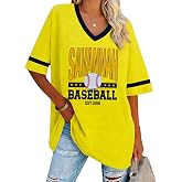 Baseball Shirts for Women Oversized Baseball V Neck Team Tshirt Game Day Fan Casual Short Sleeve Top