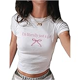 RoseSeek Women's Graphic Bow Short Sleeve Crewneck Crop Tops Slim Fit Y2K Cute T Shirts