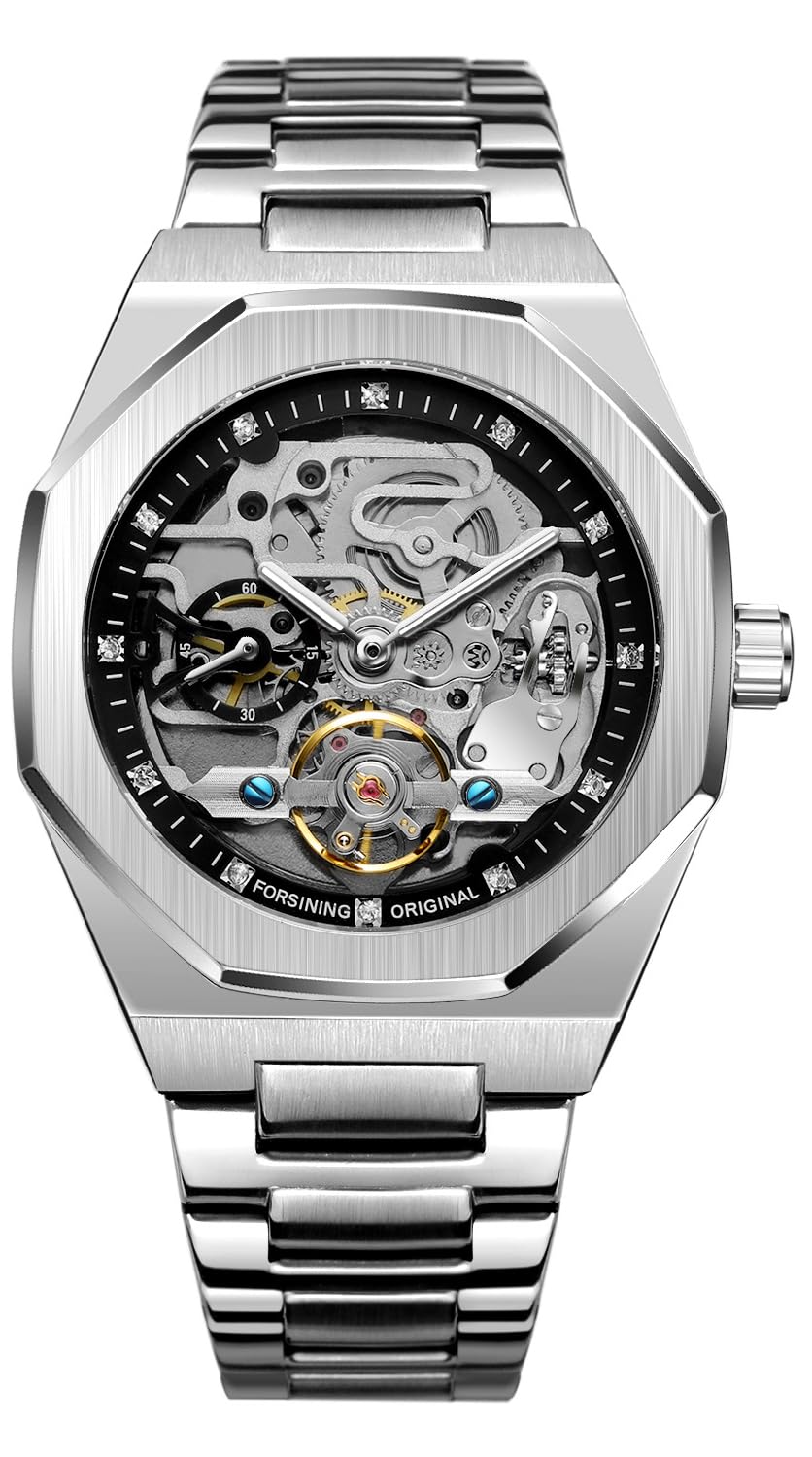 FANMIS Classic Mens Skeleton Automatic Mechanical Watches Luxury Carving Flower Craft Watch with Stainless Steel Waterproof Bracelet Wrist Watch, Silver Black, Automatic Watch