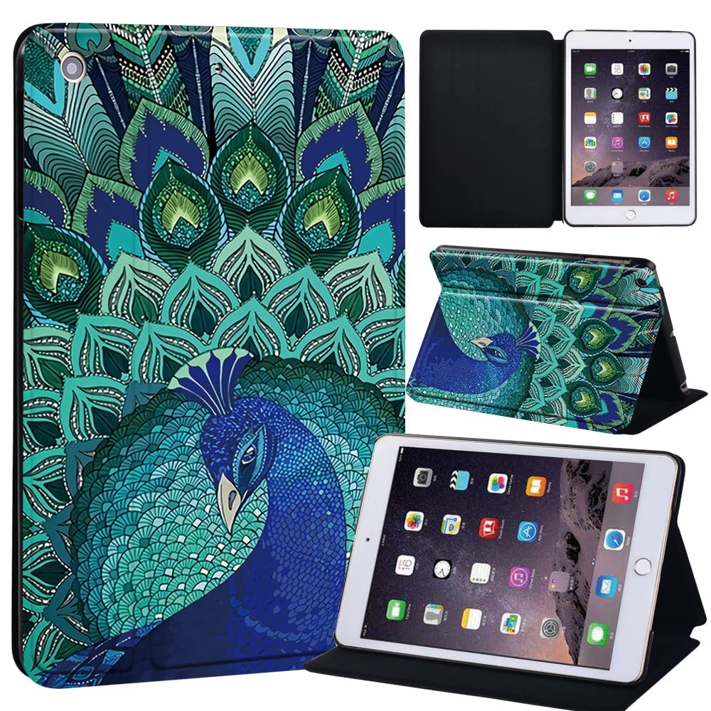 Feather Printed Case for iPad Mini 1/2/3, Lightweight Trifold Stand Case with Auto Sleep/Wake, Microfiber Lining, Hard Back Cover for iPad Mini 1/Mini 2/Mini 3 (peacock)