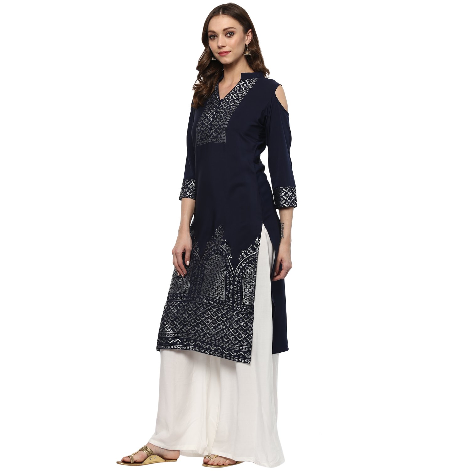 ziyaa women's blue colour straight crepe silver foil print kurta & palazzo set