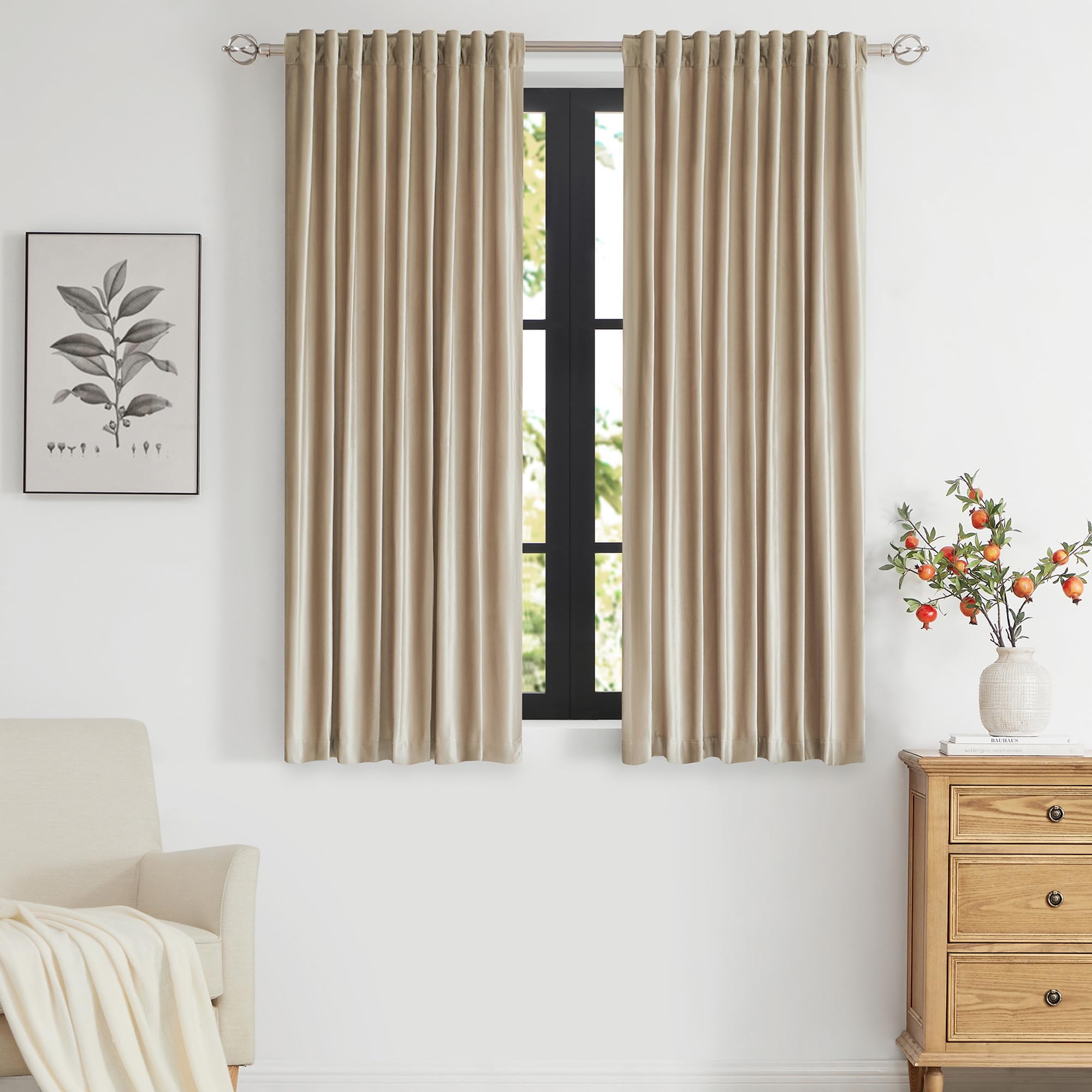 Photo 1 of PRIMROSE Champagne Velvet Curtains 63 inch Long for Living Room,Set of 2 Panels Blackout Rod Pocket Back Tab Window Treatment Room Darkening Heavy Decorative Curtains Drapes for Bedroom