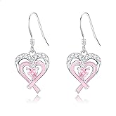 AXOMY Breast Cancer Awareness Earrings 925 Sterling Silver Heart Pink Ribbon Dangle Drop Earrings Breast Cancer Survivor Jewelry Gifts for Women Friend