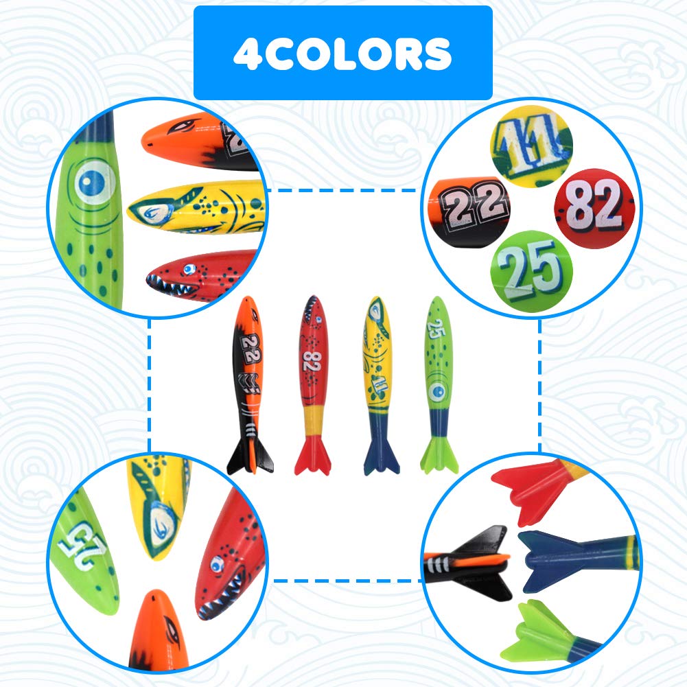 TYDOW Kit De Buceo Torpedo Agua Juego Acuático 4 Palos Juguetes Piscina Natacion para Ninos 5+