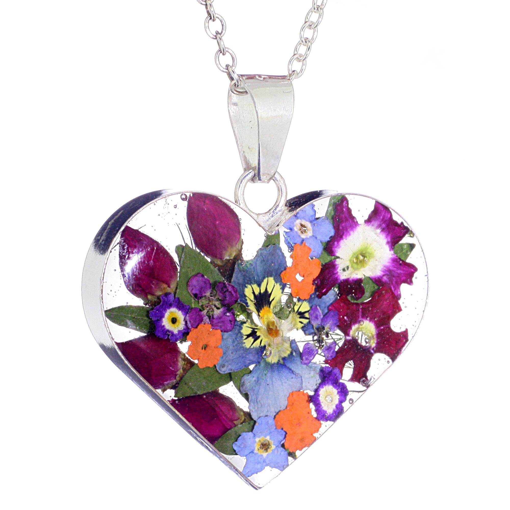 Natural Flower Jewellery Sterling Silver Large Heart Pendant Made with Real Mixed Flowers