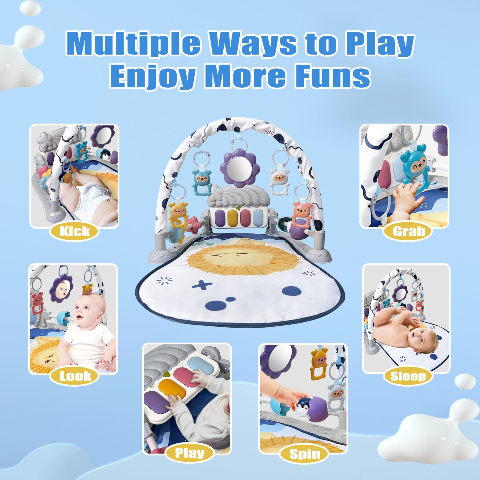 Baby Play Gym Mat, Baby Gym Activity Center, Kick and Play Piano with Music and Light, Tummy Time Toys for Newborn Babies Infants Boys Girls 0-3-6-9-12 Months (Grey)