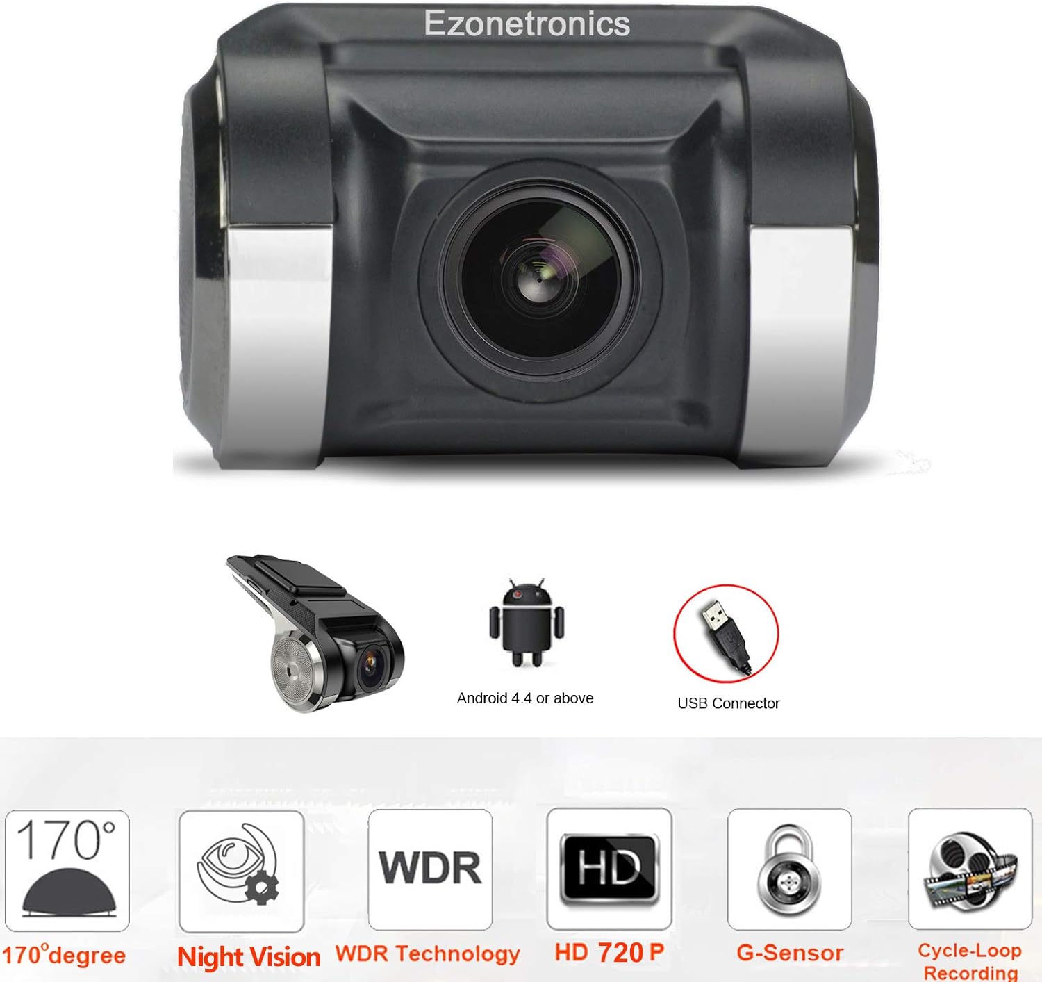 Ezonetronics Mini Car Indash Cam DVR 1080P HD Dashboard Auto Recorder Loop Recording Super Night Visionfor G-Sensor for 2 din Android car Stereo RM-LZ0V80
